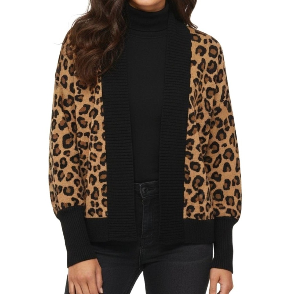 Tahari Cardigan Sweater Womens Small Tan Leopard Print Open Front Ribbed Trim